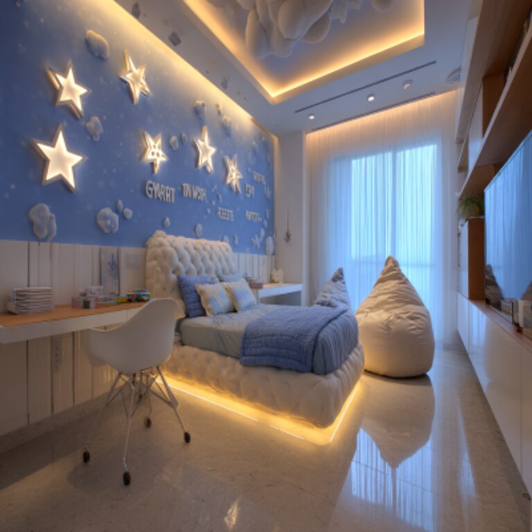 Modern Kids Bedroom Design With LED Lighting On The Wall